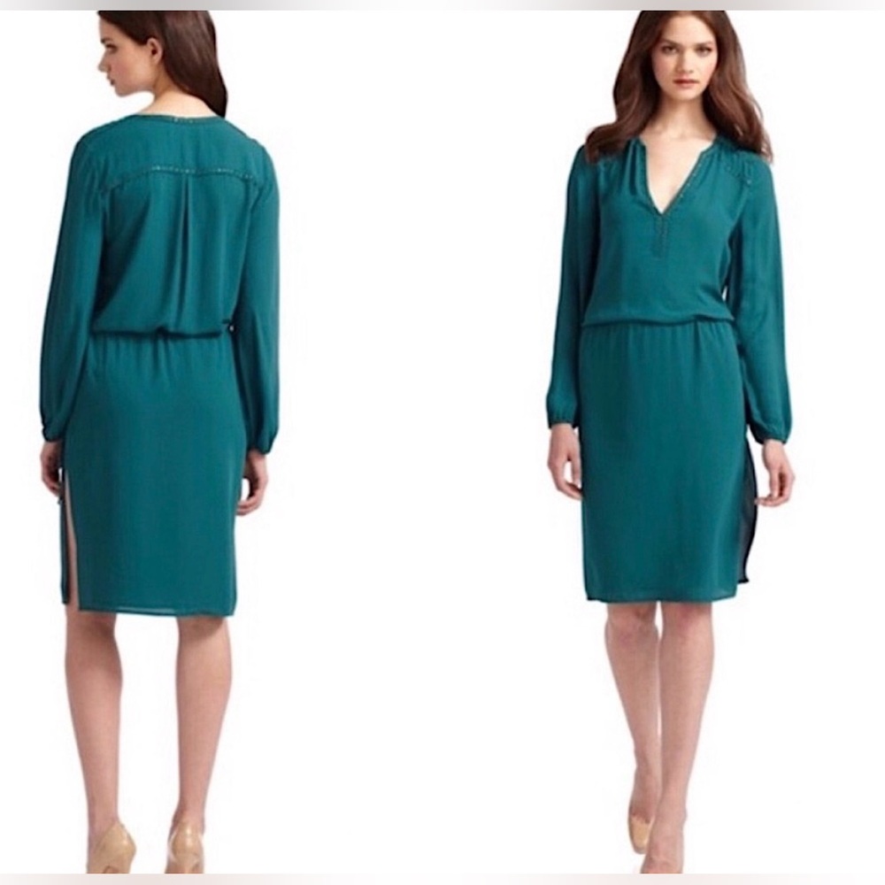 BCBGMAXAZRIA Jewel Emerald Green Studded Long Sleeve V-Neck Chiffon‎ Dress